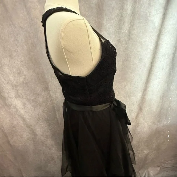 Elegant Black Halter Formal Sheer Illusion Dress layered tulle prom bow sequin - Picture 9 of 10